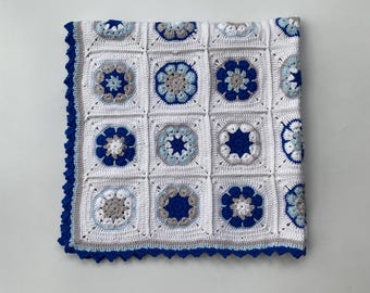 Handmade Crochet Granny Square Baby Blanket: Blue & White Nursery Throw