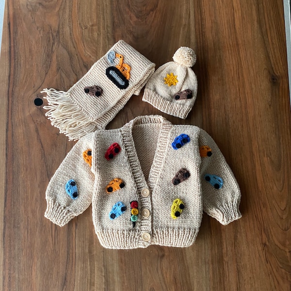 Beige Knitted Baby Boy Cardigan, Hat & Scarf Set Of 3| Cool Style Handmade Toddler Party Apparel| Button Cardigan Aesthetic Birthday Gift