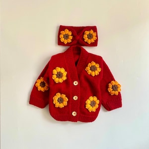 Crochet Girl Cardigan Headband Set: Knitted Sunflower Winter Apparel
