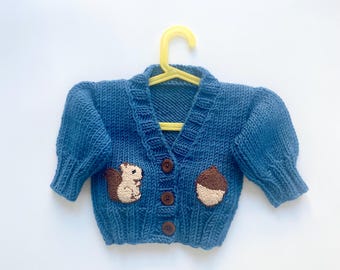 Hand Knit Squirrel Baby Cardigan - Blue Kids Sweater - Newborn Boy Gift