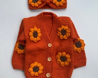 Sunflower Cardigan, Baby Girl Sweater, Headband, Orange Crochet Girl Sweater and Headband, Toddler Girl Clothes, Floral Design Sweater