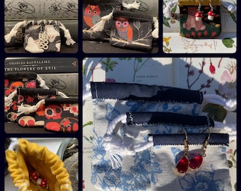 Handmade Earring/Jewellery Gift Bag. Multiple Patterns Available - Woodland/Ghost/Flowers/Skull/Owl