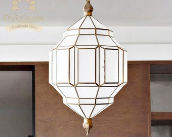 Pendant Light, milky glass light, Moroccan lighting style, brass handmade moroccan pendant light, Pendant Lighting, Hanging Glass Light