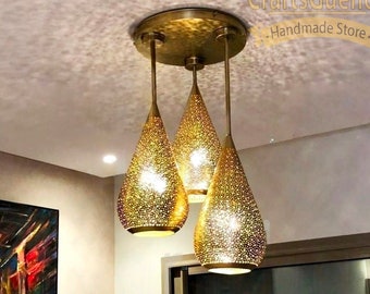 Set of 3 Moroccan Pendant Lights, Handmade Brass pendant chandelier Lighting, Hanging Lamp shades Lighting New Home Decor Lighting