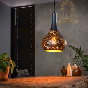 Schwarze Pendelleuchte in durchbrochene Messing Pendelleuchte handgefertigt Esstisch Aufhängung, marokkanische Deckenleuchten, Boho Beleuchtung, Kuppellampe