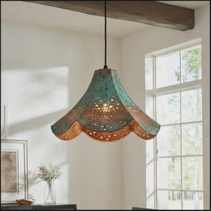 Scalloped Copper Pendant Light, Turquoise Patina Lantern, Perforated Moroccan Ceiling Lamp, Verdigris Hanging Fixture for Dining Room Decor