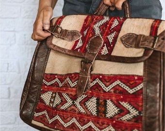 Moroccan Leather Kilim Duffle Bag, Handwoven Travel Weekender, Handmade leather kilim duffle bag, vintage carpet travel bag