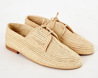 Men’s Raffia Loafers – Handmade Raffia Moccasins, Woven Summer Shoes for Men, Lightweight Oxford-Style Raffia Mules