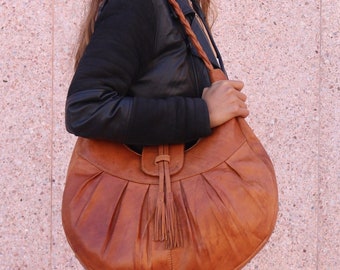 Bolso bandolera con borla marrón suave - Bolso de cuero trenzado hecho a mano