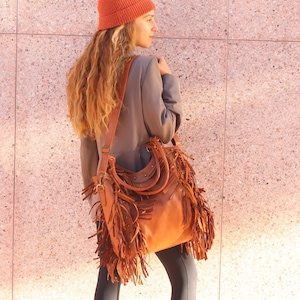 Leather fringe Bag, Leather Fringed purse, Fringed tote bag, Boho fringe leather purse, dot studded leather bag, studded fringe leather bag