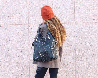 Studded leather handbag, Black leather studded bag, Leather dot Studded leather tote bag, gothic rivets Leather Bag, Polka dot Studded bag