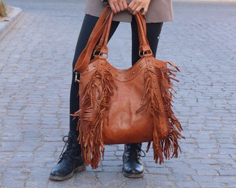 Leather fringe bag, Fringe western leather bag, Fringed tote bag, Boho fringe leather Bag,dot studded leather bag,studded fringe leather bag