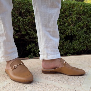 Handmade men&#39;s leather mules, genuine leather loafers for men, stylish braided lea slippers, wedding mules, gift for dad or groom