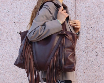 Fringed tote bag, Leather Fringe purse, Fringe western purse, Boho cowgirl bag, fringr boho crossbody bag, leather handbag with fringe