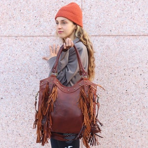 Fringe western purse, Leather Fringe purse, Fringed tote bag, Boho fringe leather purse, dot studded leather bag, studded fringe leather bag