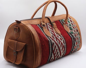 Kilim duffel Bag, Leather Kilim travel bag, kilim Duffle Bag, Leather duffle bag, Unisex Kilim Weekender Bag, Moroccan hipster travel bag
