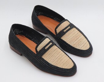 Mens Raffia Loafers, Wedding Raffia Shoes for Men, woven moccasins for summer, handmade driving oxford