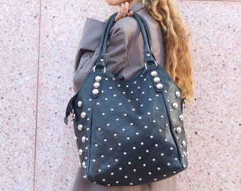 Boho studded westren bag, Studded Leather bag, dot Studded tote bag, Studded leather handbag, Black leather studded bag, boho westren style