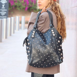 Polka Dot Studded Leather Tote Bag, Studded Leather Handbag