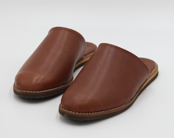 Men Babouche, Handmade Men’s Brown Leather Babouche Slippers – Moroccan Clogs, Soft Comfortable Slip-On Shoes