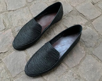 Black Raffia shoes for men, raffia shoes for men, men's raffia shoes, Raffia moccasins men, loafer shoes raffia, vegan handmade raffia shoes