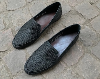 Black Raffia shoes for men, raffia shoes for men, men's raffia shoes, Raffia moccasins men, loafer shoes raffia, vegan handmade raffia shoes