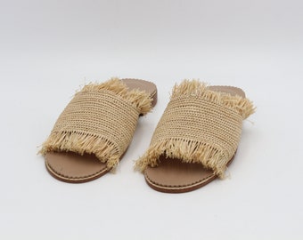 Sandalias de rafia para mujer, calzado de playa hecho a mano para mujer, zapatilla de verano tejida en rafia