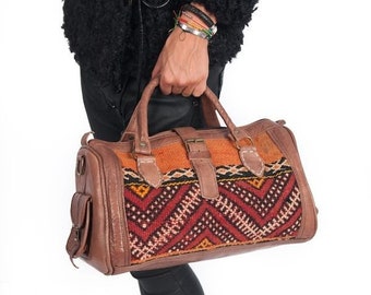 Sac de voyage Kilim marocain, sac de voyage kilim marocain, sac polochon Kilim en cuir marocain, sac de voyage en cuir, sac de voyage Kilim en cuir unisexe