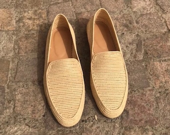Mocasines únicos de tejido natural para hombre, zapatos de boda de rafia hechos a mano para novios, calzado de rafia para novios, calzado elegante para eventos en la playa.