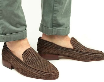 Raffia shoes for men, raffia shoes, raffia moccasins, Men loafer raffia, wedding loafer shoe raffia, handmade raffia shoes for men