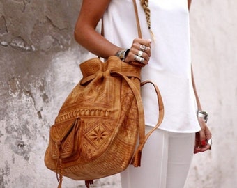 Moroccan Leather drawstring bag, Leather drawstring bag, Leather handwork bucket bag, Wanderlust Bag, Handmade Engraved  Leather Bag