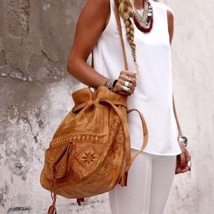 Handmade Engraved Leather Drawstring Bag: Moroccan Bucket Bag