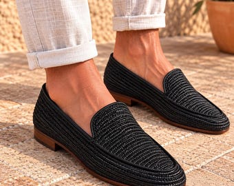 Black Raffia Loafers for Men, Handmade Vegan Moccasins, oxford raffia shoes for wedding men