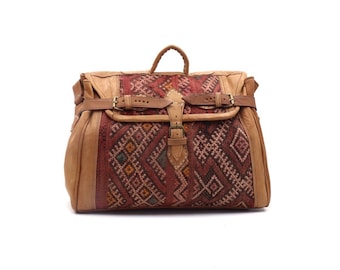Moroccan Leather Kilim Duffle Bag: Unisex Travel Weekender