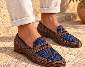 Woven Raffia Loafers for Men, Summer Moccasins, Handmade Vegan Wedding Shoes, Boho Groom Footwear, Natural Fiber Slip-On Shoes