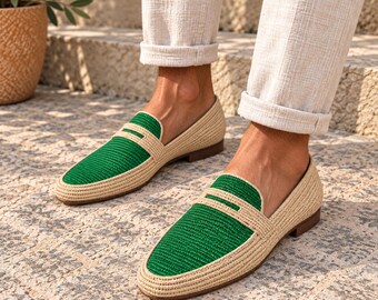 Men's wedding Raffia Shoes, Moroccan Handmade Moccasins, Eco-Friendly Raffia Loafers, Casual Summer Mules, wedding loafer for men