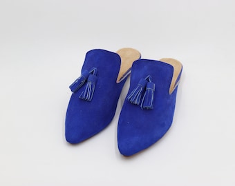 Blue Suede Leather Mules, Moroccan Babouche for women, womens Handmade suede slippers, traditional artisanal babouches, wedding slippers