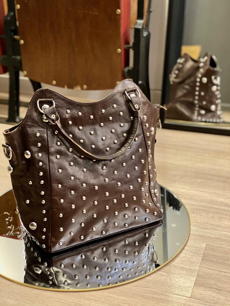 Boho studded westren bag, Studded Leather bag, dot Studded tote bag, Studded leather handbag, Black leather studded bag, boho westren style