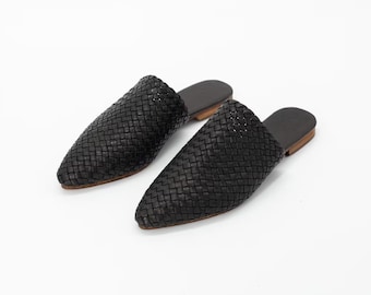Black Braided Leather Mules: Handmade Moroccan Babouche Slippers