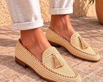 Handmade Raffia Wedding Shoes Men - Boho Groom Loafers & Moccasins - handcrafted raffia moccasin - Woven Raffia Loafer for Men
