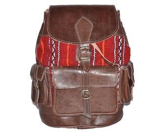 Handmade Backpack Rustic Boho Style Leather With Kilim Handmade Moroccan Leather Backpack: Kilim Boho Travel  main image 2