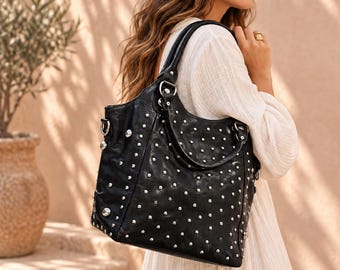 Studded Leather Tote Bag, Moroccan Black Rivet Gothic  Handbag, Polka Dot Studded Leather Tote, Punk Studded Purse, Handmade Statement Bags