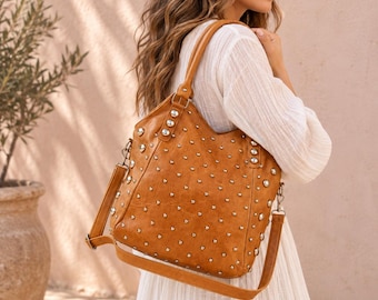 Studded Leather Tote Bag: Gothic Rivets, Handwoven Moroccan Design,  Punk Studded Purse, Edgy Leather Shoulder Bag, Handmade Statement Bag
