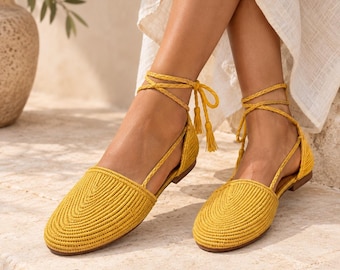 Yellow Raffia Lace Up Flats, Woven Espadrille Sandals Women, Braided Tie Ankle Shoes, Handmade Vegan Summer Flats, Boho Wedding Shoes