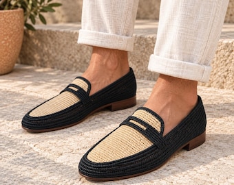 Mens Raffia Loafers, Wedding Raffia Shoes for Men, woven moccasins for summer, handmade driving oxford