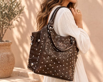 Polka Dot Studded Leather Tote, Gothic Rivet Handbag Women, Punk Studds Purse, Edgy Leather Shoulder Bag, Handmade Statement Bags