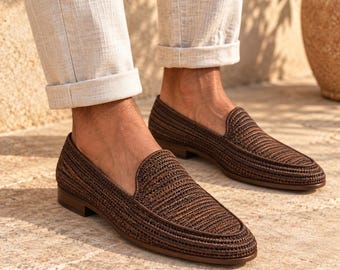 Men Raffia Shoes, Moroccan Handmade Loafers, Woven Raffia Moccasins, Summer Beach Shoes, Boho Wedding Groomsmen Gift, Vegan Natural Footwear