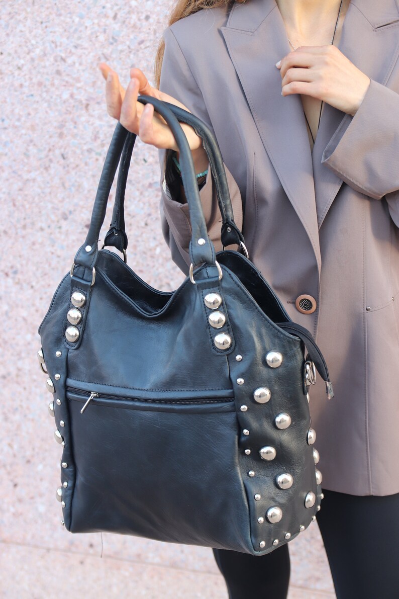 dot Studded leather tote bag, Studded leather handbag, Moroccan studded Black leather bag, gothic rivets Leather Bag, Polka dot Studded bag