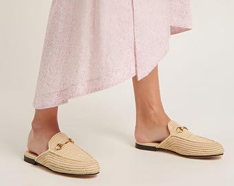 Women’s Handmade Raffia Mules – Lightweight Summer Slippers, Boho Slip-On Shoes