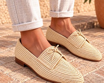 Mens Raffia Shoes – Handmade Summer Loafers for men, Lightweight Slip-On raffia Moccasins, wedding raffia shoes for grooms